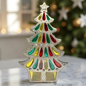 Vintage Tiffany Style Stained‎ Glass Christmas Tree Candle Holder Cast Iron 7"
